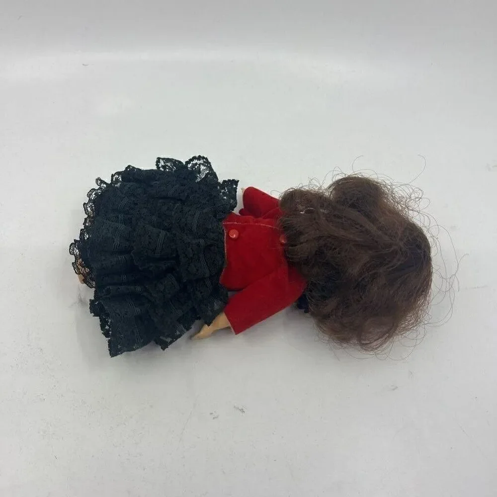 Vintage Spanish Dancer Girl Doll Light Brown Hair Red Black Lace‎ Ruffle Dress